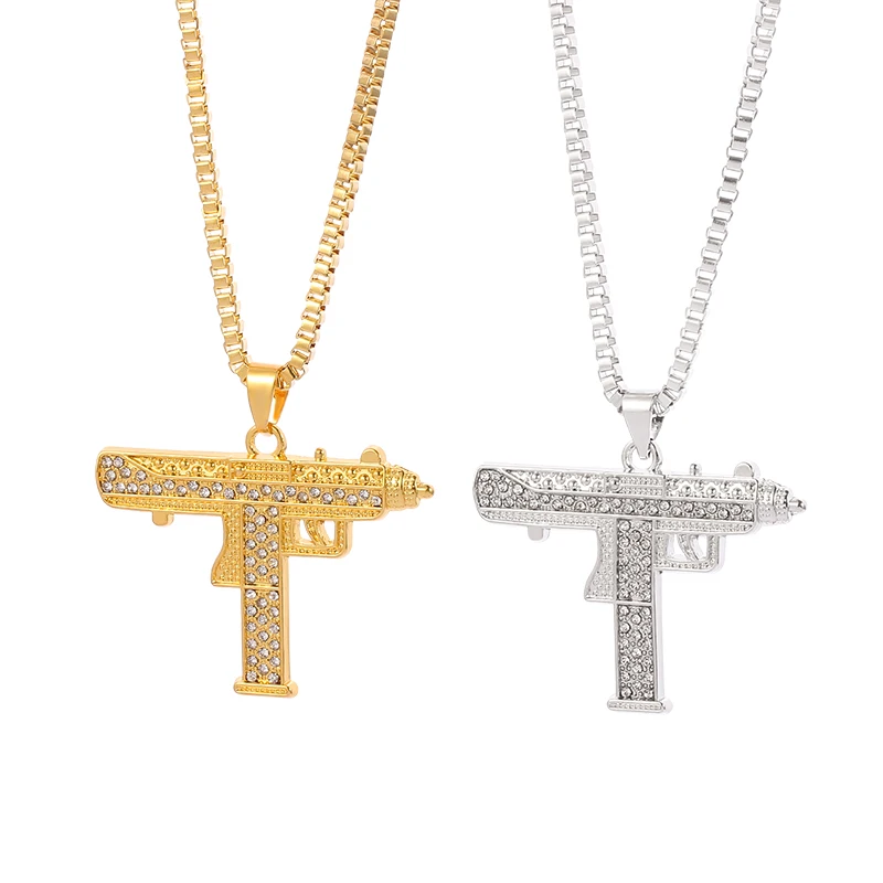 Золотое ожерелье пистолет УЗИ Кулон Ожерелье для мужчин сплав полный кристалл