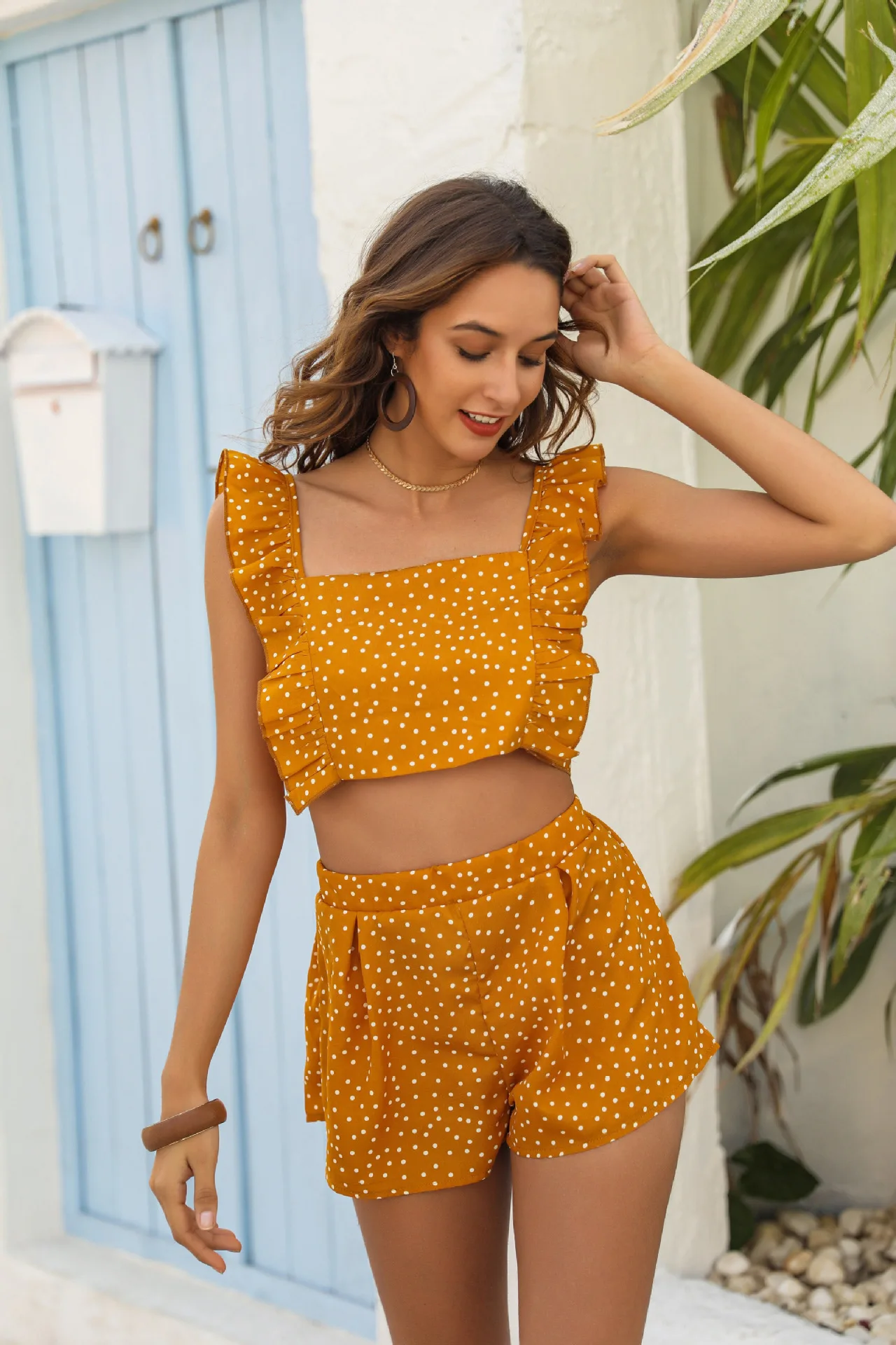 

Beach Style Backless polka dot Summer women's shorts women's tracksuit two piece set women