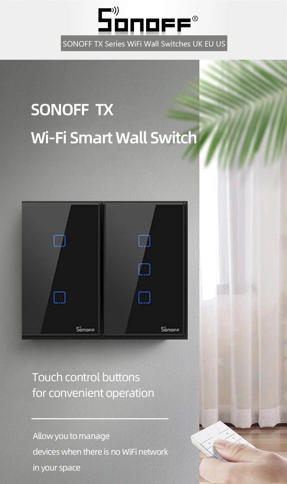 Интеллектуальный выключатель света SONOFF T2/T3 нам 1/2/3 Wifi переключатель сенсорной панели свет розетки 433 МГц RF Беспроводной дистанционного Управление eWelink Google Home Alexa