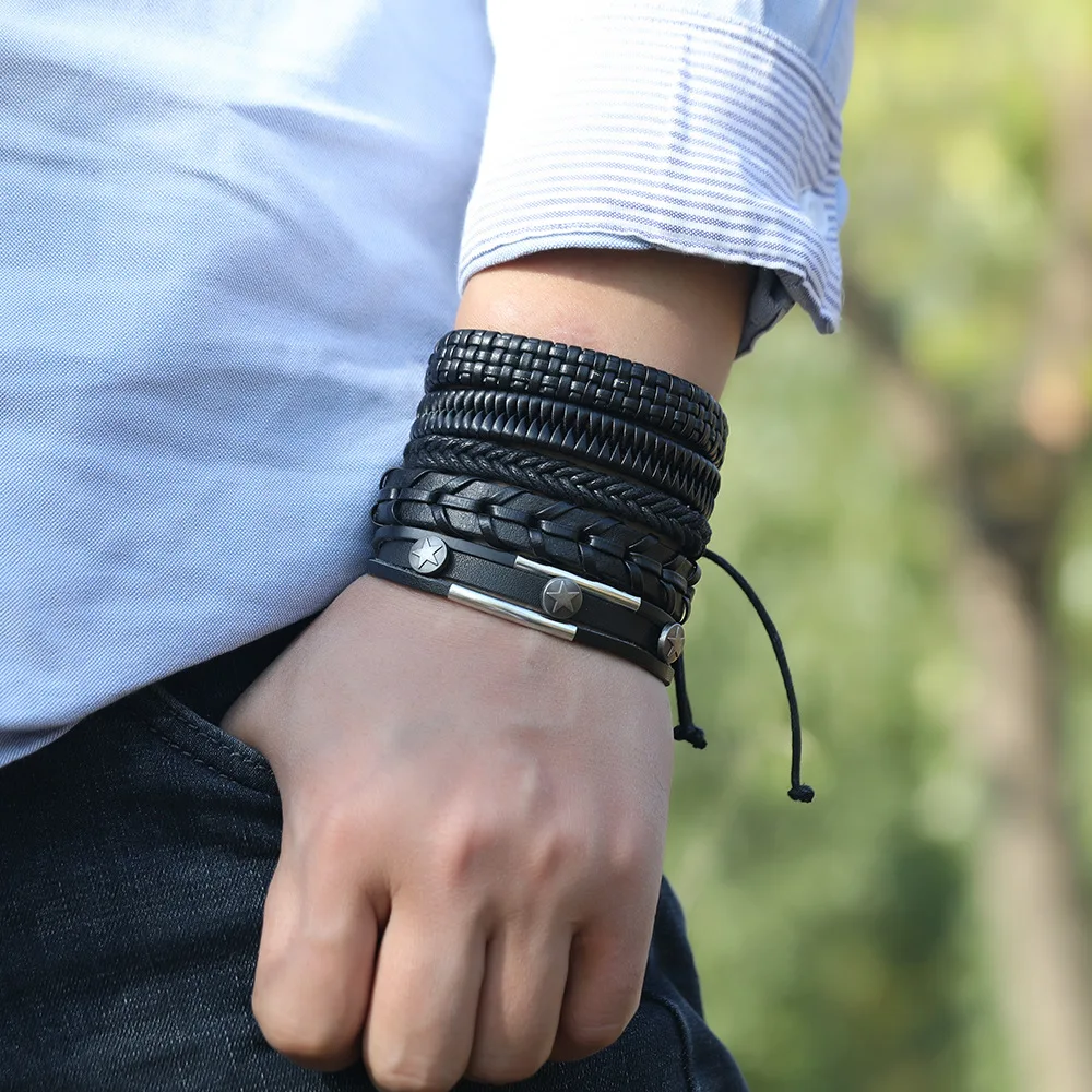 

Black 10 Pieces / Set Woven Fashion Handmade Men's Bracelet Men's Leather Bracelet Leather Bracelet Wholesale Jewelry Gifts
