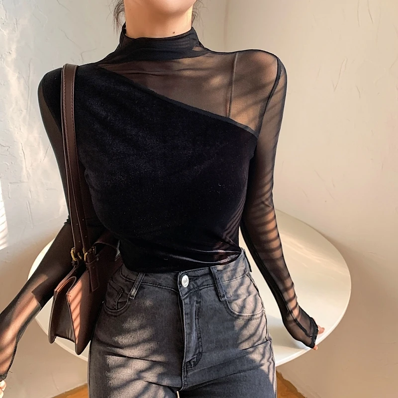 

New Elegant Half High Neck Mesh Tulle Patchwork Velvet Top Women Long Sleeve Slim Stretch T-shirt Lady Autumn Winter Base Shirt
