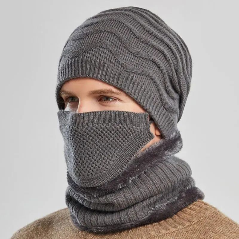 

2021 Winter Fleece Scarf Hats Mask Beanies Soft For Mens Warm Breathable Wool Knitted Hat Cycling and windproof кепка