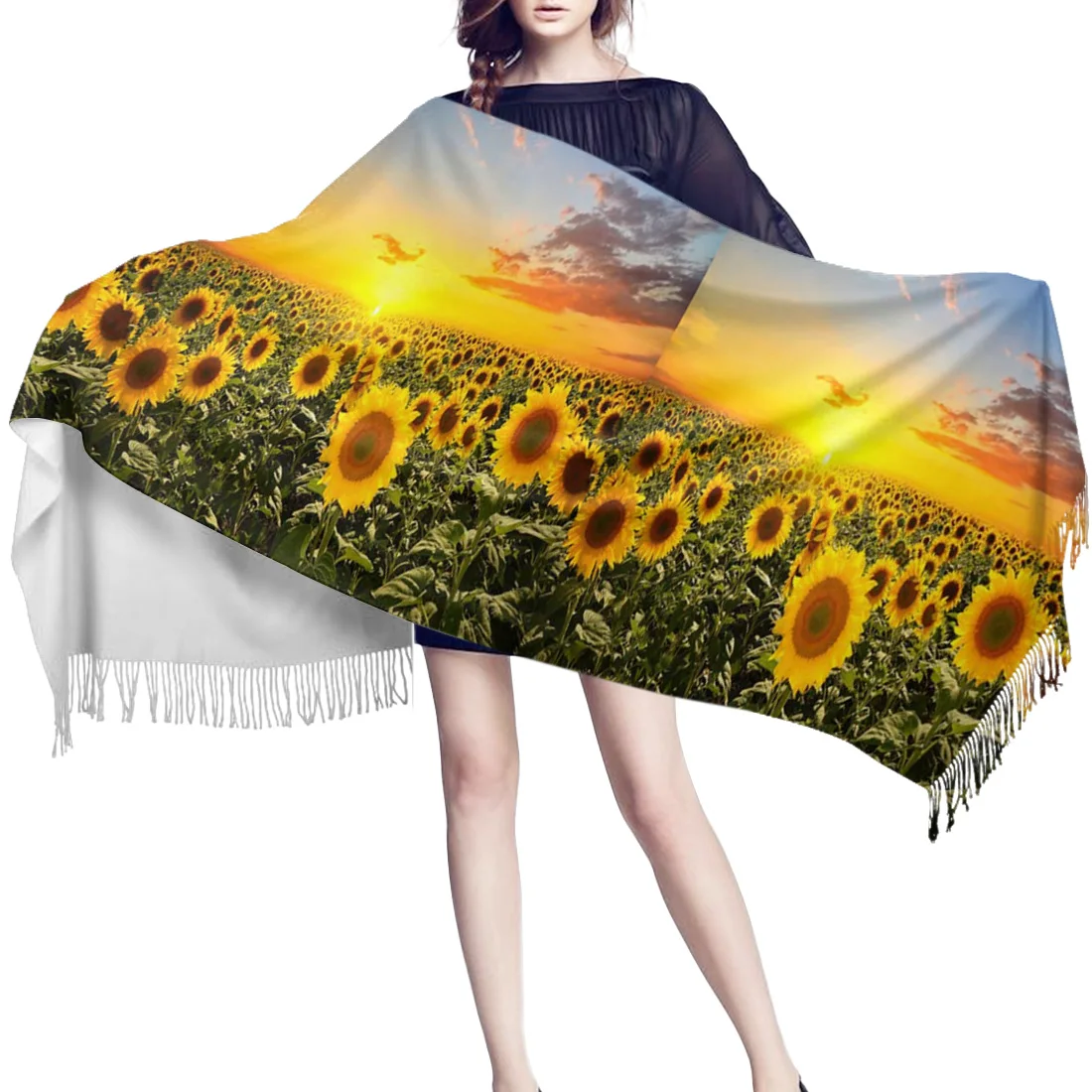 Модные большие шарфы шарф с подсолнухами и закатом унисекс толстые теплые зимние