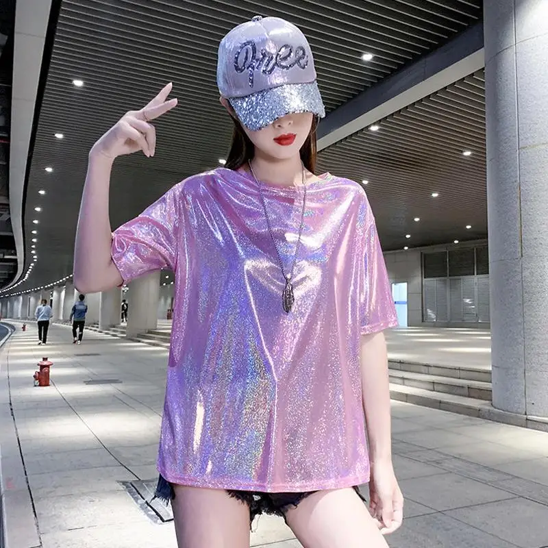 

Женская Блестящая футболка с коротким рукавом, Новинка Лето 2021, корейский стиль, Свободный Топ с круглым вырезом