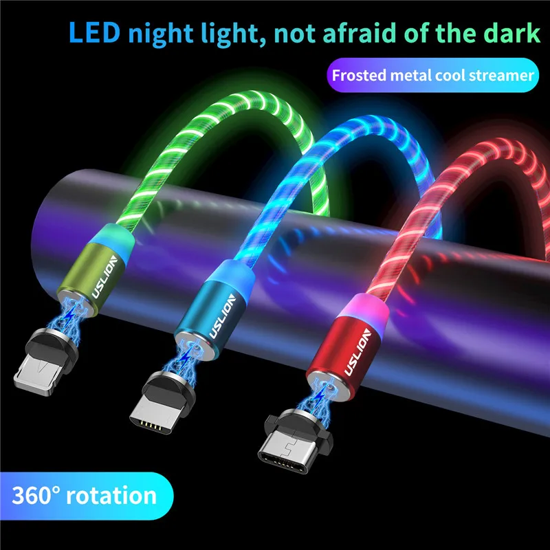 uslion magnetic luminous lighting charging cable mobile phone usb type c cable for xiaomi samsung led micro usb type c wires free global shipping