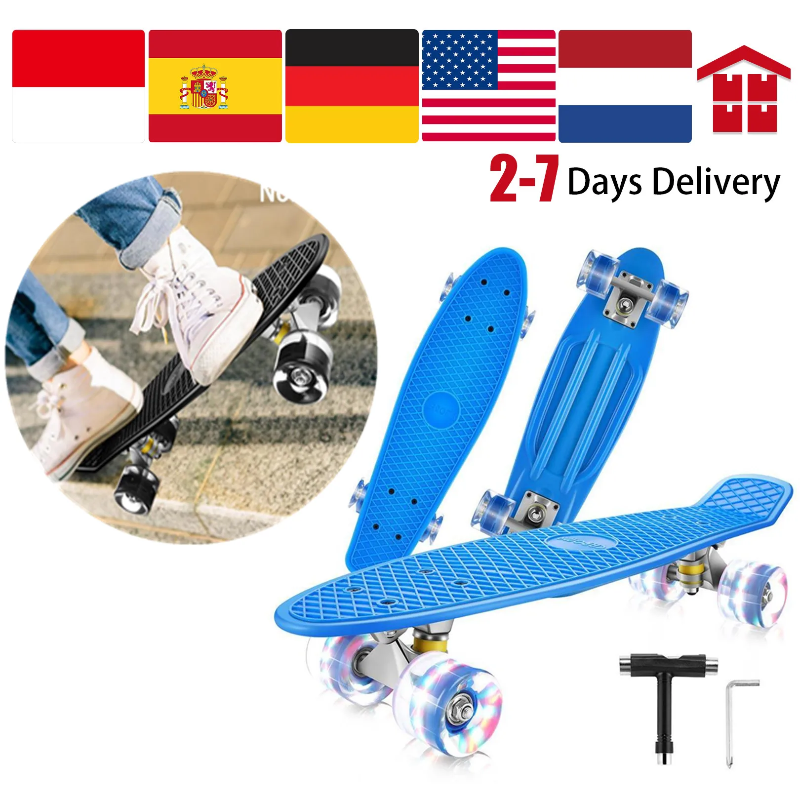 

78A PU Wheel Complete Skate Boards Skateboard LED Wheels for Beginners Teens Girls Boys Deck Size: 22x5.7inch