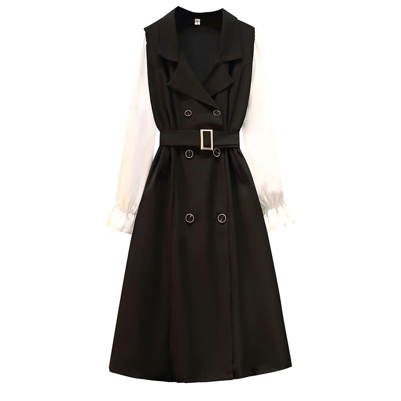 

Plus Size Office Ladies Elegant Blazer Dresses Korean Autumn Long Sleeve Patchwork Double Breasted Notched Dresses 4XL Vestidos