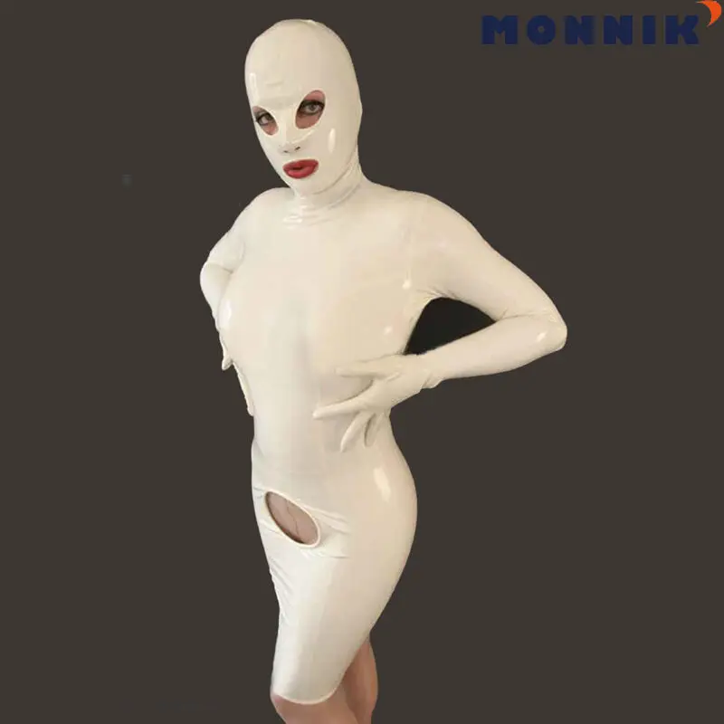 MONNIK latexSexy белое латексное резиновое женское платье с капюшоном маска Gummi 0 4 мм