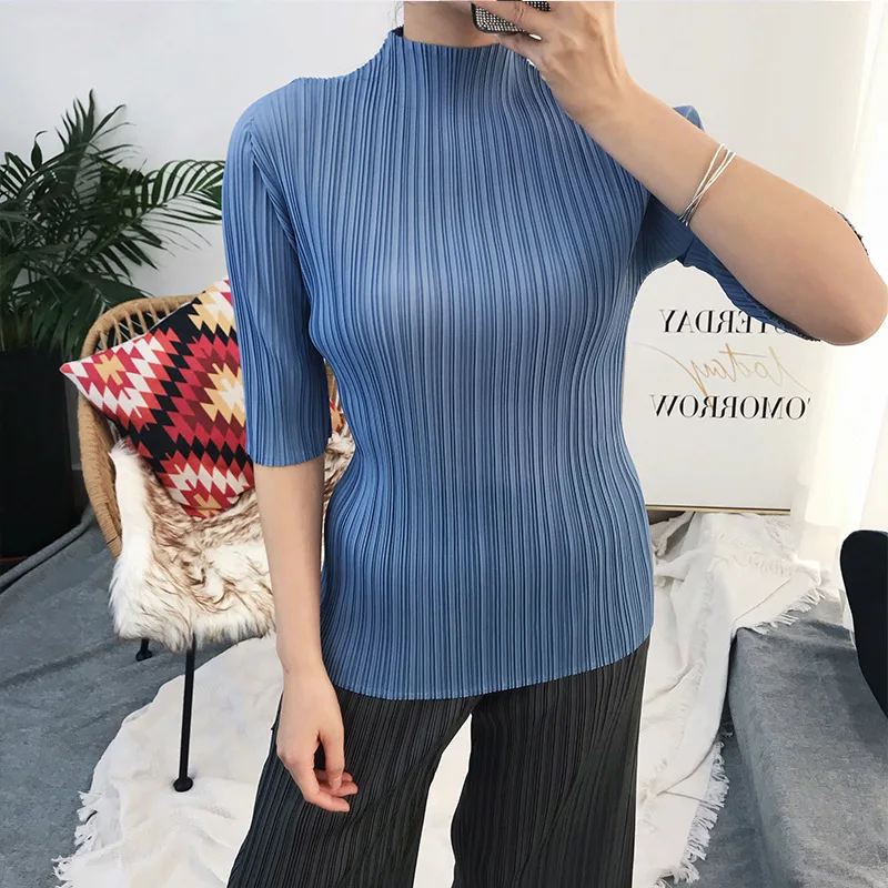 

Spring Summer Miyake Pleated Three - quarter -length Sleeve Tops Loose Elasticity Large Size Pleat T- shirt tee shirt femme