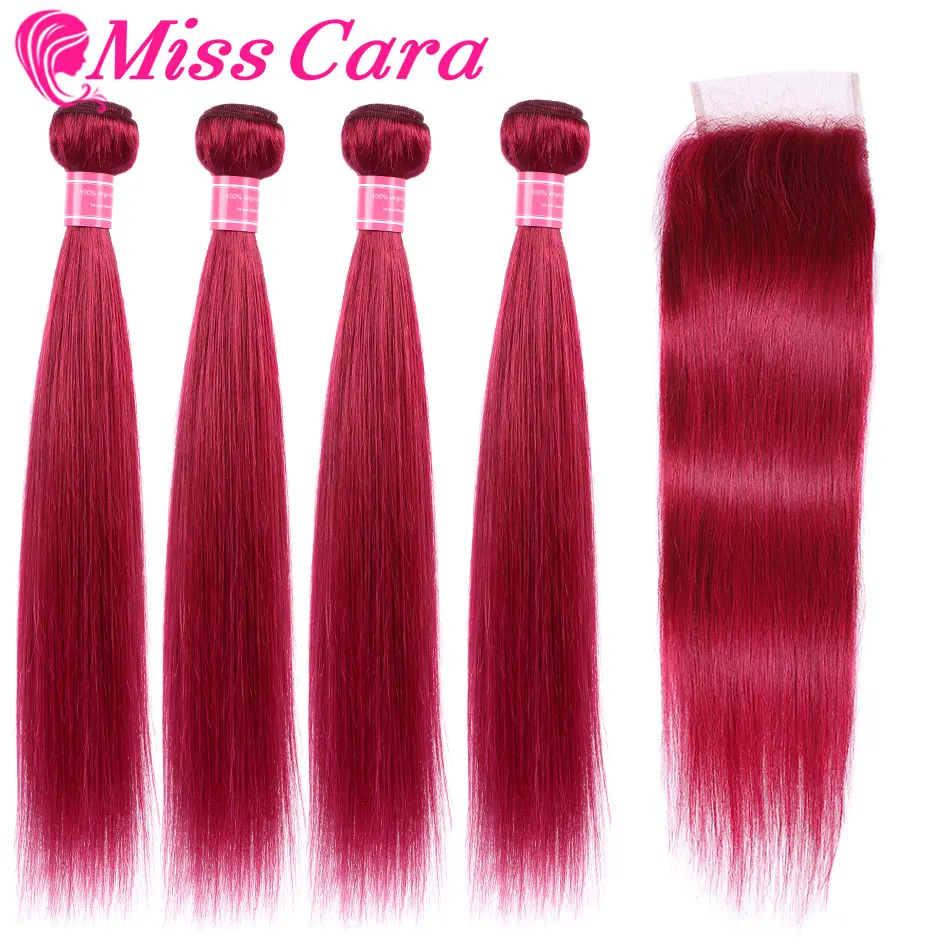 Miss Cara перуанские прямые волосы 3 пучка с закрытием 99J # бордовый человеческие