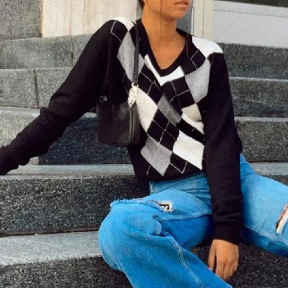 

Women Plaid Argyle Sweater V Neck Long Sleeve Autumn Winter Knitwear Pullover