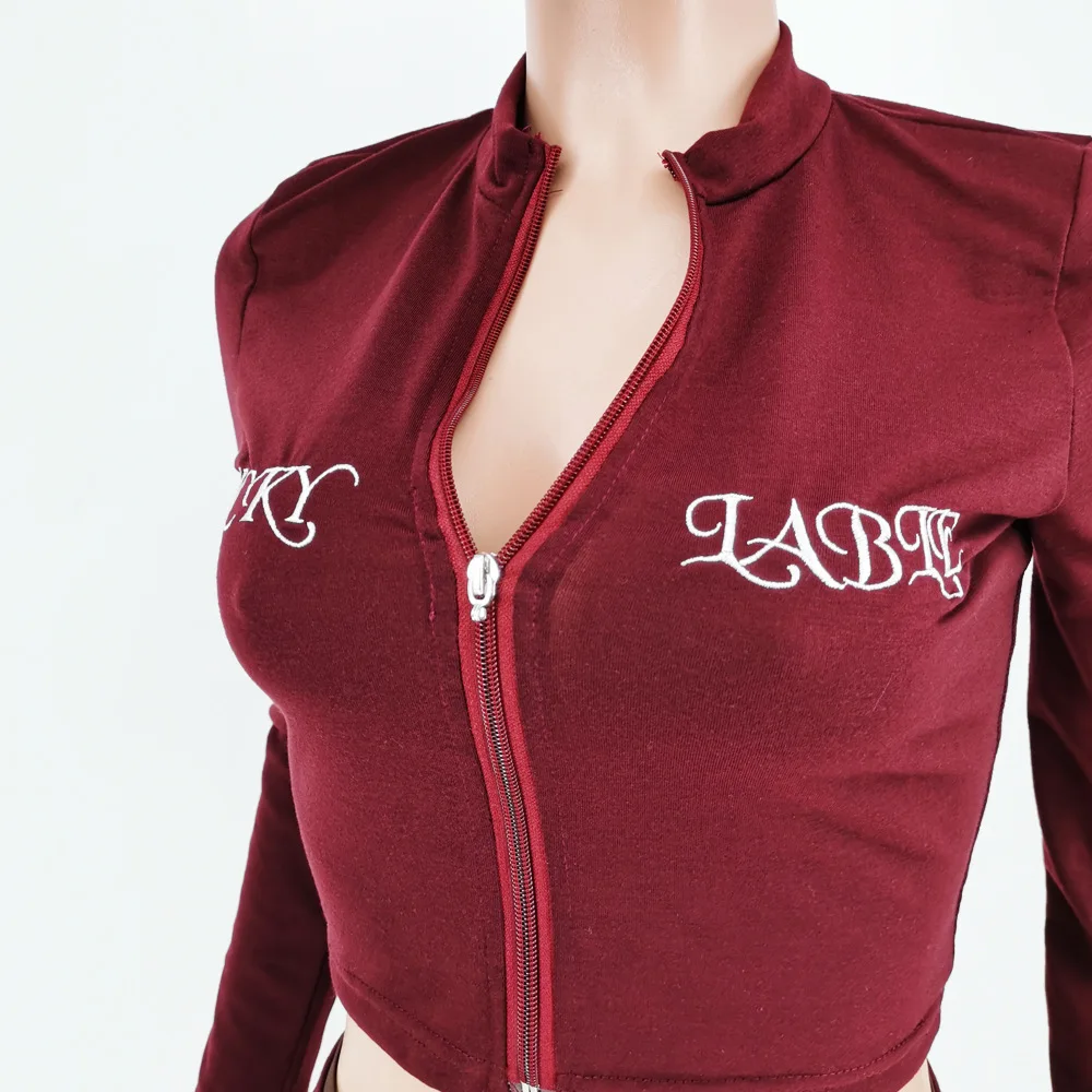 

Women Two Piece Set Full Sleeve Skinny Crop Top Low Neck Slim Fit Leggings Lucky Label Embroidery Black Fitness Tracksuit