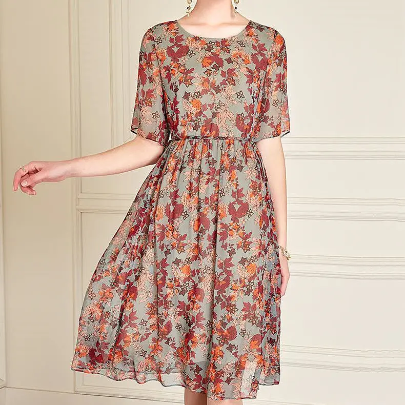 

Mulberry Silk Dress High End Round Neck Elastic Waist Medium Length Floral Large Size Loose Swing Dress