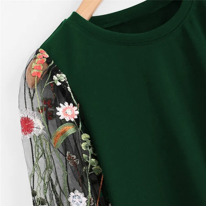 Женщины o-образным вырезом сетки с длинным рукавом ботанический вышитый пуловер