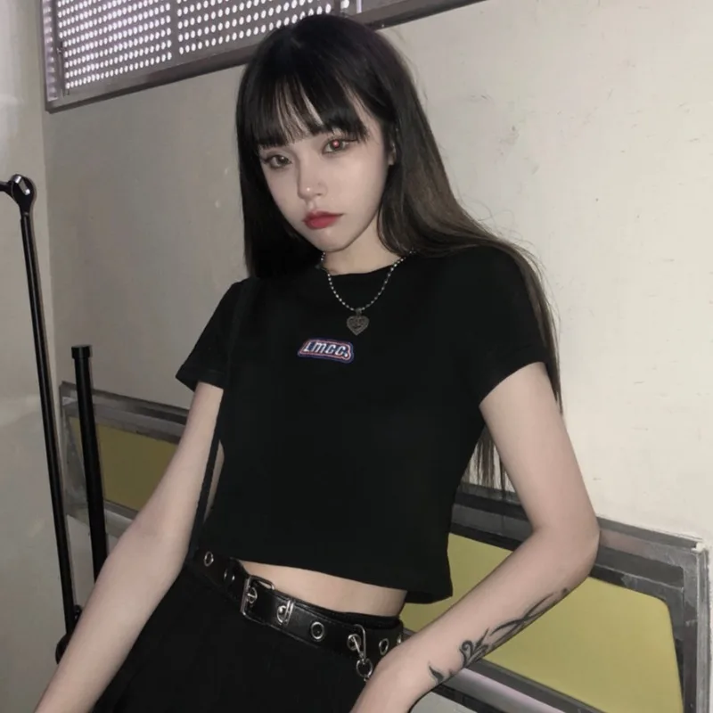 

Pink Women Cropped Top Korean Fashion T Shirt Sexy Clothes Harajuku Tee Croptop Short Tshirt Alt Clothing 2021 Festival Outfit