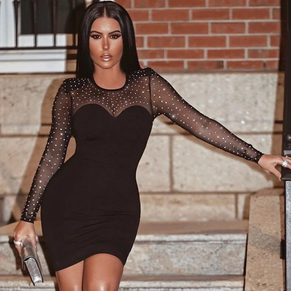 Весна 2020 новинка женское Бандажное платье черное сексуальное со стразами с