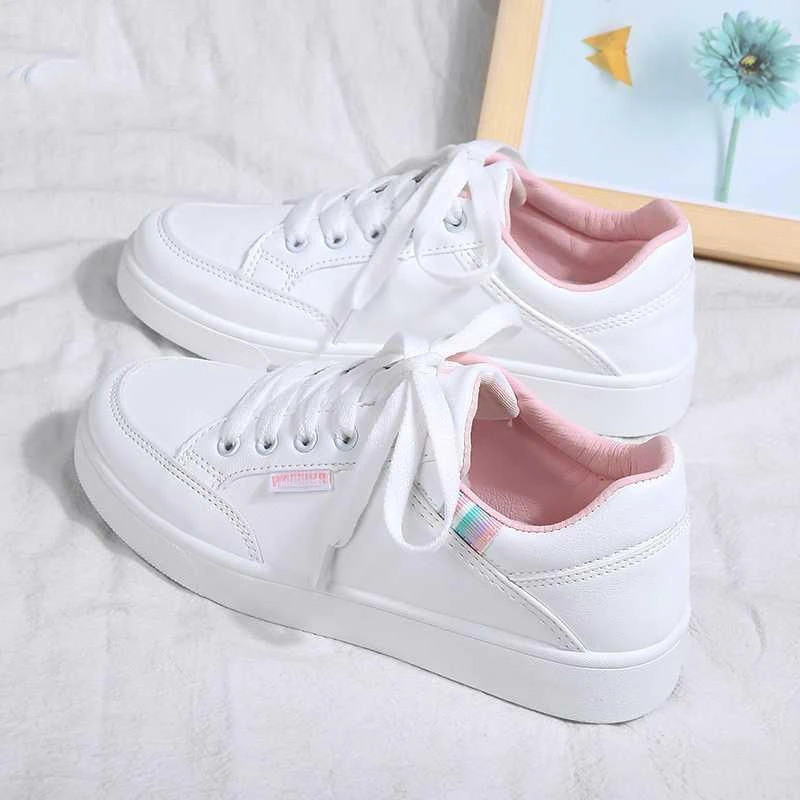 

New Low-cut Women Pu White Shoes Campus Style All-match Lace-up Ladies Sneakers Outdoor Leisure Comfortable Flat Vulcanize Shoes