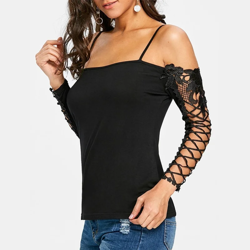 

Women Blouses Summer 2021 Lace Patchwork Off Shoulder Shirt Elegant Ladies Slim Sexy Shirts and Blouse Black Long Sleeve Tops