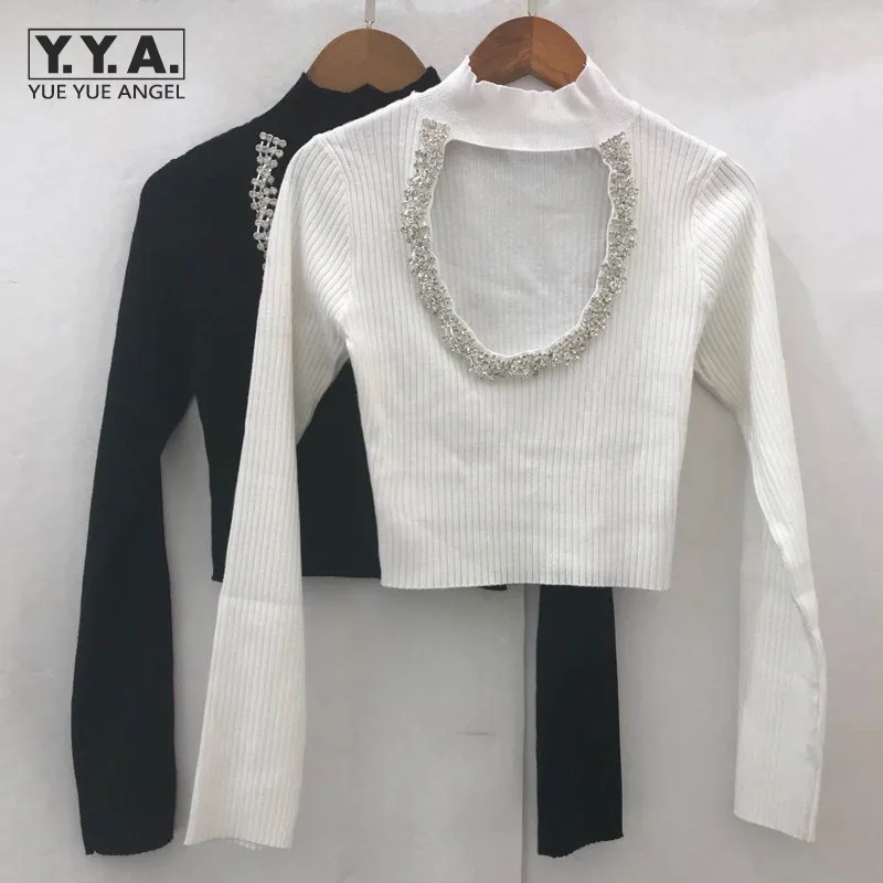 

Ladies Sexy Cropped Top Long Sleeve Knitting T Shirt Women Pullover T Shirts Nightclub Diamonds Hollow Out Skinny Tees Tops
