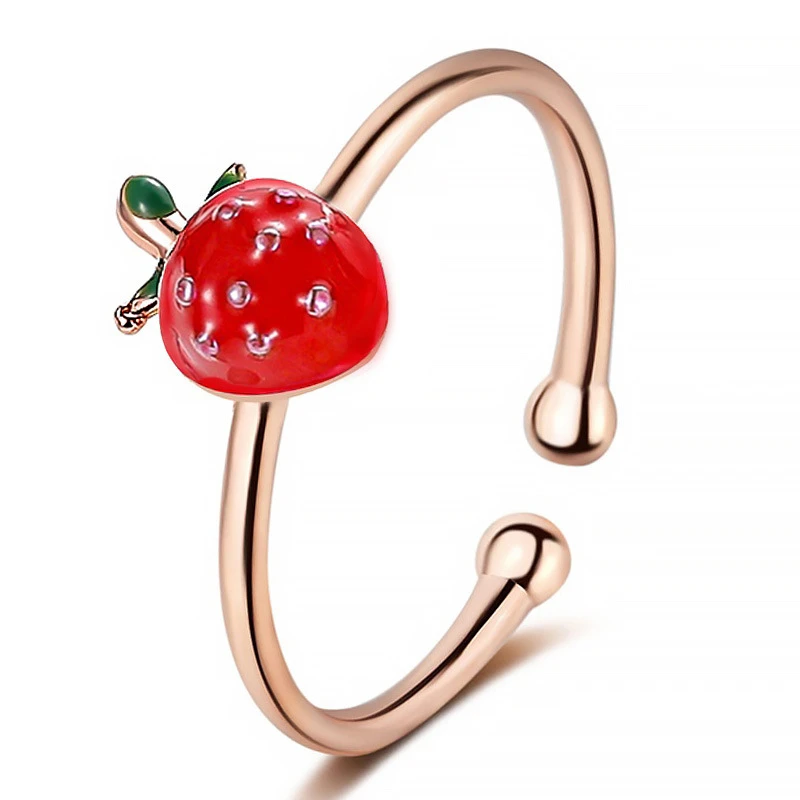 

8Seasons Fashion Copper Open Rings Rose Gold/Silver Color Cute Strawberry Fruit Rings Women Jewelry 20mm(US Size 10.25), 1 Piece