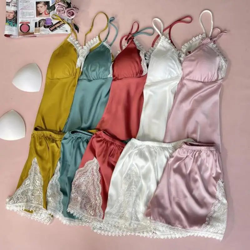 

Women Pajamas Suit Sexy Sleepwear Sleeveless Nightwear V-Neck Home Clothes Summer Satin Cami&Shorts Set Pyjamas Pour Femme
