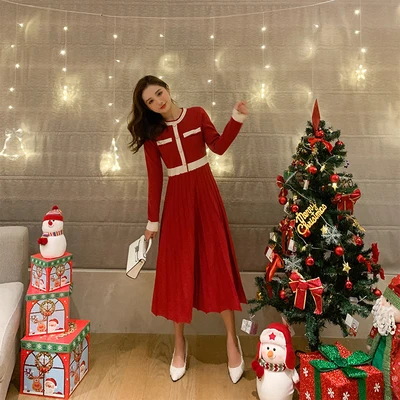 

Banulin 2020 Autumn Vintage Elegant Knitted Pleated Dress Women Long Sleeve Pear Buttons A-Line Red Christmas Sweater Dress