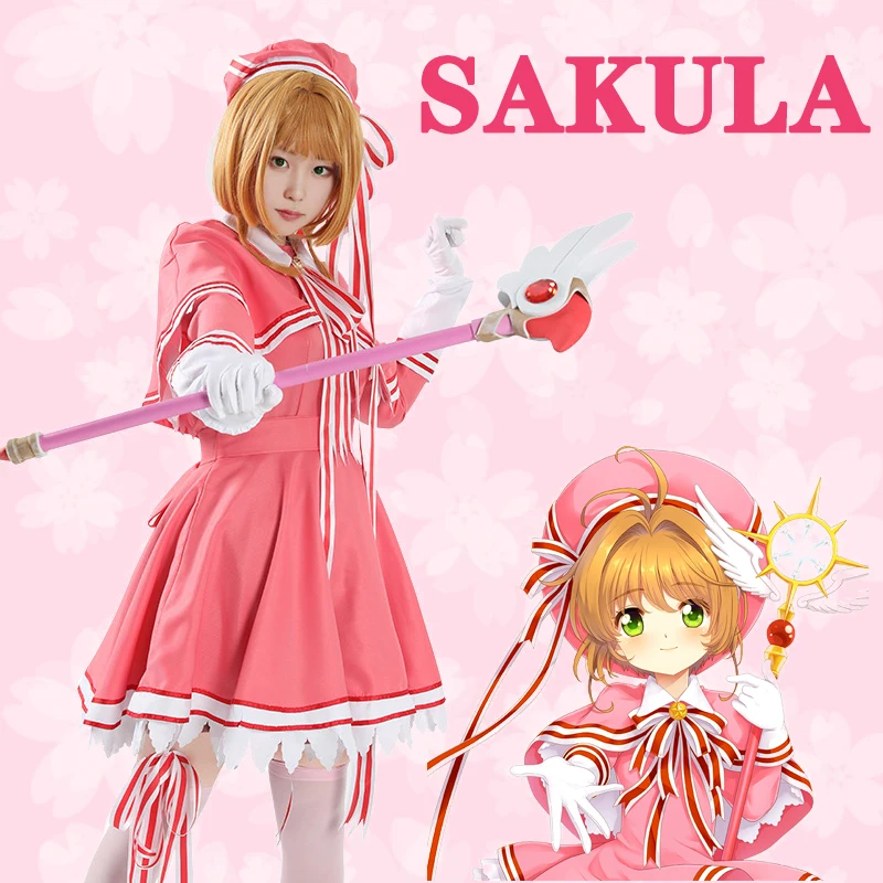 

New Cardcaptor Card Sakura Cosplay Costume Pink Long Sleeve Dress With Hat Shawl Ribbon Bow Suit Carnival Party Kinomoto Sakura