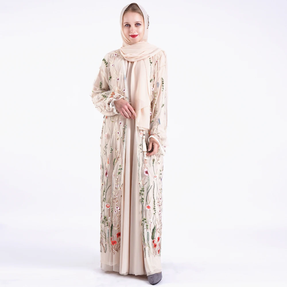 Мусульманское платье с вышивкой Абая, цветочный сетчатый хиджаб, открытое кимоно, кардиган, кафтан, Дубай, арабский, ИД, Рамадан, турецкий, ис...