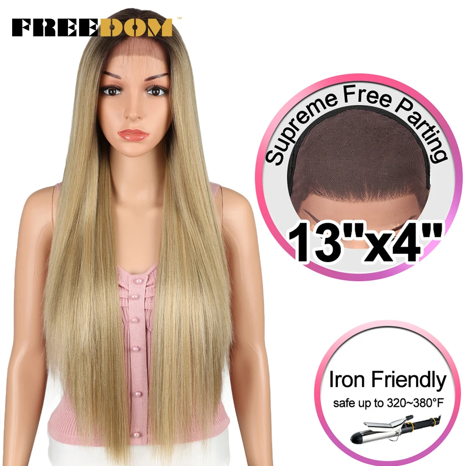FREEDOM-Peluca de cabello sintético con malla frontal para mujeres negras, cabellera larga y recta de 32 pulgadas, color rubio degradado, para Cosplay, parte libre
