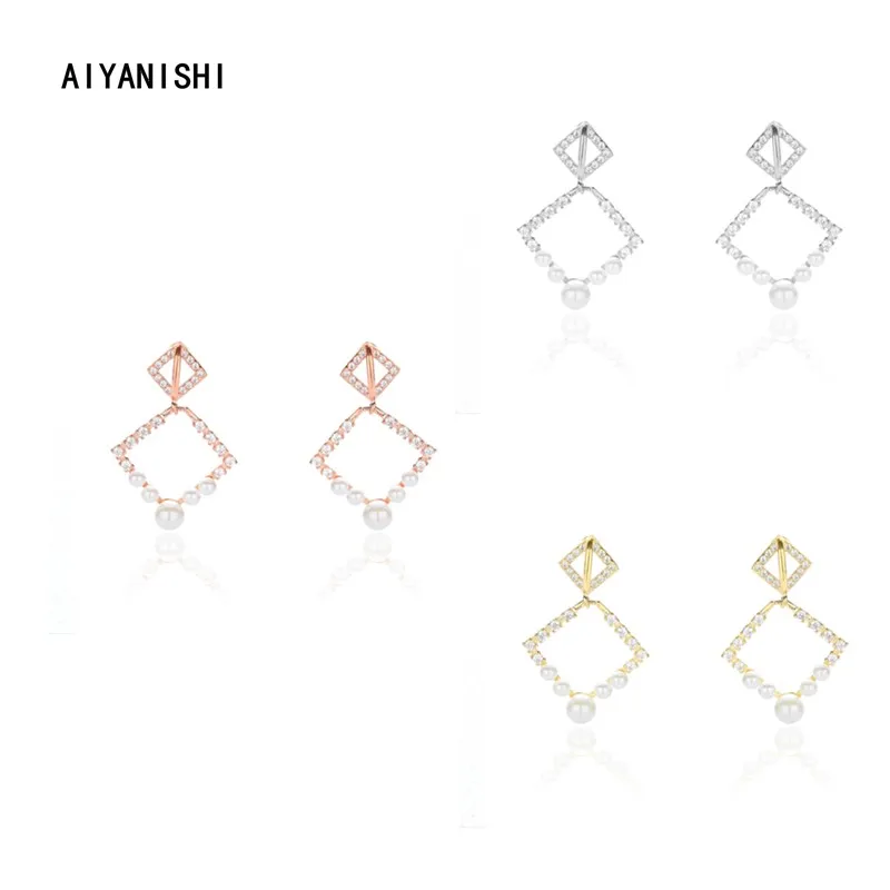 

AIYANISHI Elegant 925 Sterling Silver Shell Pearl Leaves Earrings Wedding Engagement Silver Square Earrings Lover Party Gifts