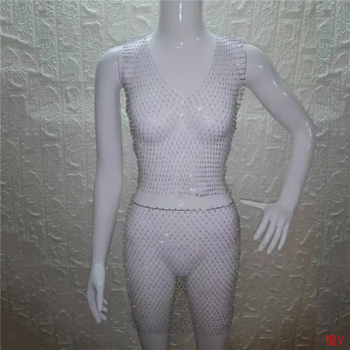 Silver V-neck Блестящие Кристальные Стразы, женская одежда, сетчатые Прозрачные топы, клетчатые сексуальные мини юбки, летний комплект из 2 предметов, Клубные, трендовые - Цвет: Silver V-neck