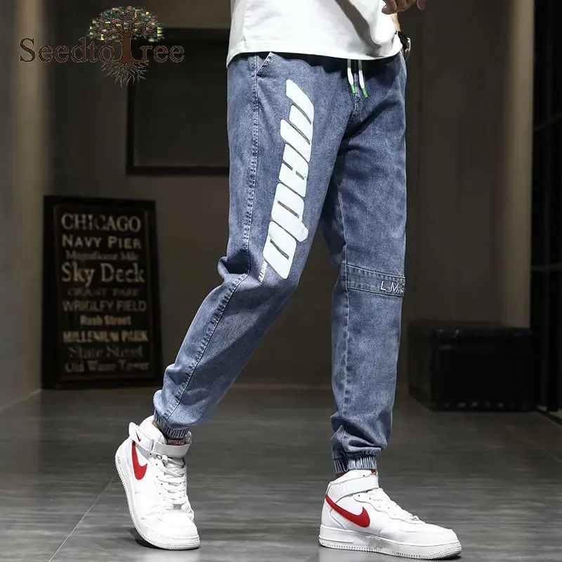 Letter Printing Men's Casual Jeans Slim Small Feet Denim Trousers