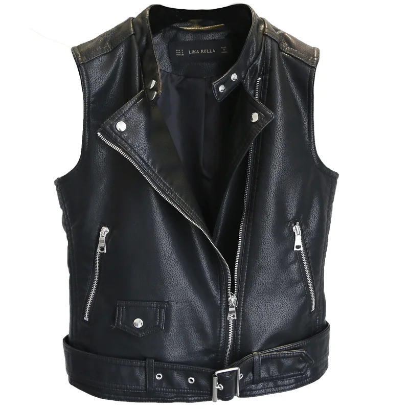 

FTLZZ Women PU Vest Faux Leather Vests Black White Waistcoat Female Sleeveless Coat Motorcycle Jacket Short Outwear