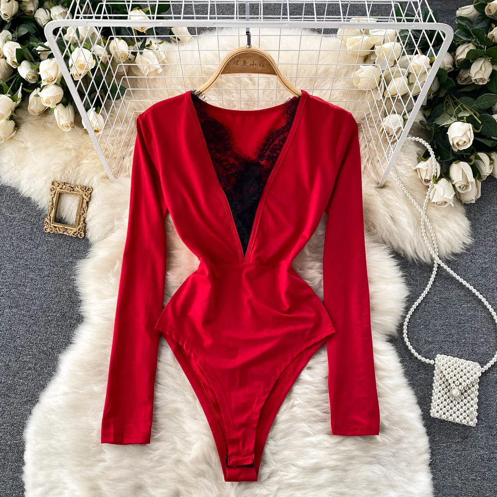 

Sexy Floral Lace Patchwork V-neck Long Sleeve Bodysuit for Women Jumpsuit New Spring Autumn Slim Fit Body Top Fashion Streetwear