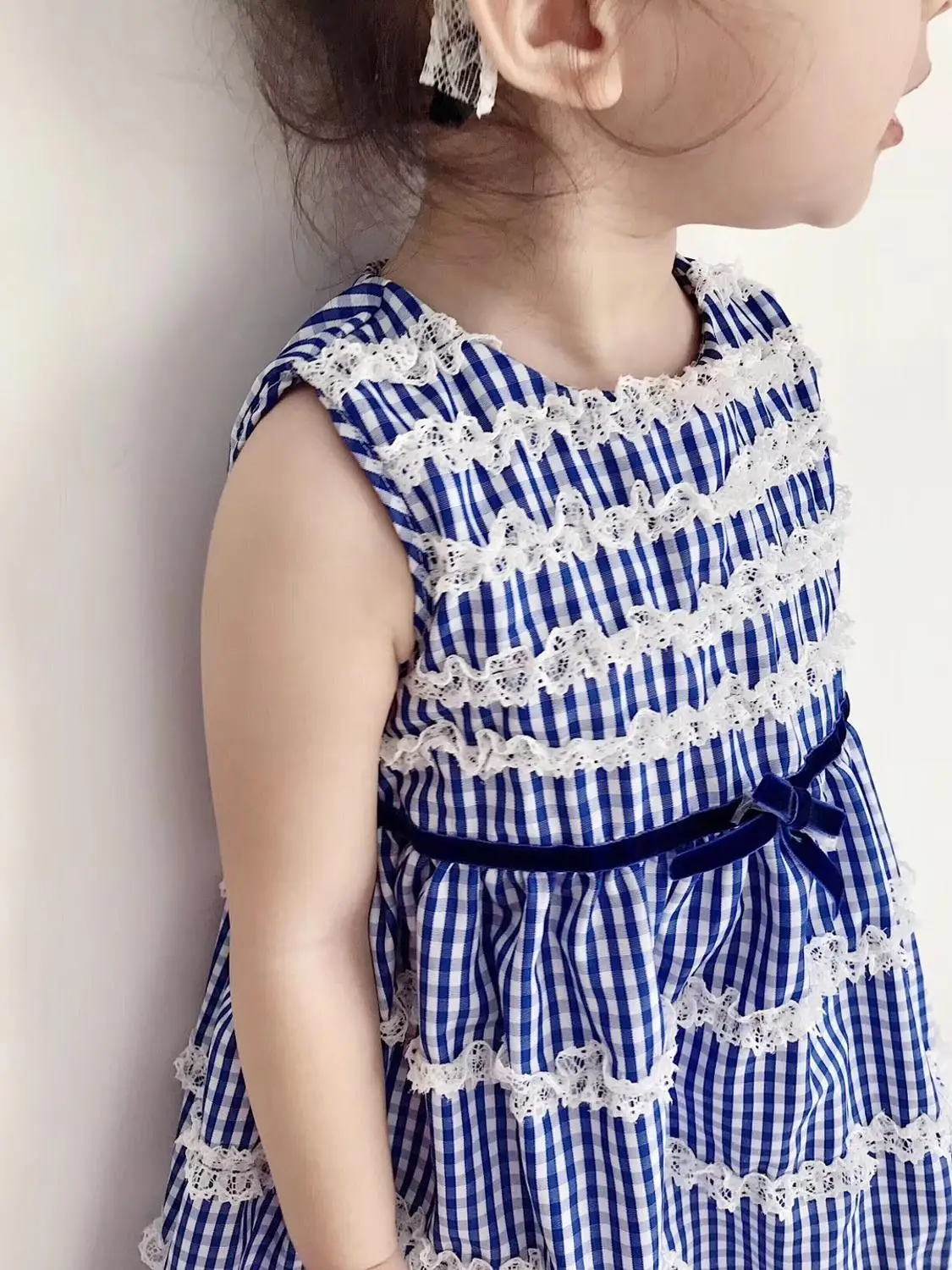 

summer baby girls clothes kids lovely sleeveless dresses Blue lace decorative bow sweet dress baby fashion dress