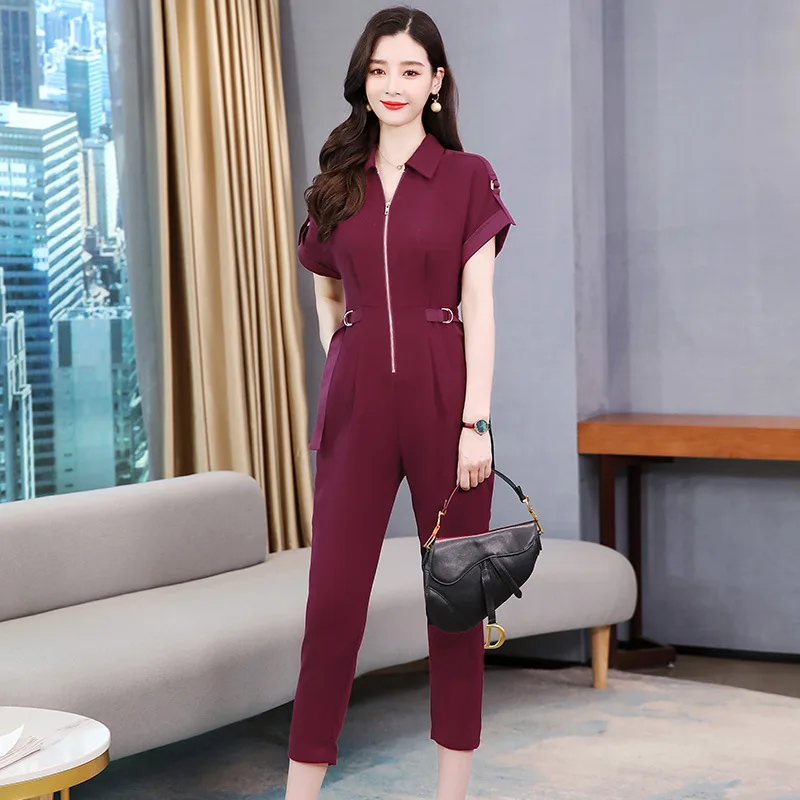 

Fashionable casual one-piece pants women's summer 2021 new Lapel short sleeve slim one-piece women's wear