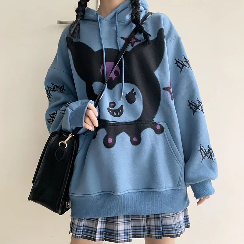 

Женский свитшот с капюшоном, повседневный синий свитшот в стиле Харадзюку, с мультяшным принтом, уличная одежда для отдыха