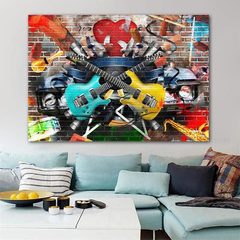

Graffiti Street Art Guitar Music Art Canvas Painting Cuadros Wall Art Picture for Living Room Home Decor (No Frame)