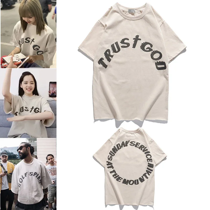 

Men Women High Street Kanye West Sunday Service Top Tees Summer Loose Apricot Casual Holy Spirit Trust God T shirt Top Tees