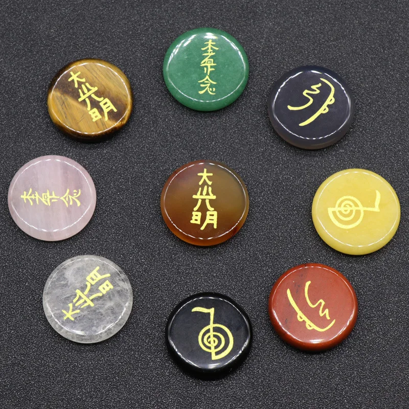 

Модный натуральный аметист, фиолетовый камень диаметром 25 мм, гравировка, балансирующие символы чакры, лечение пальмы, кристалла, агата, лазурит