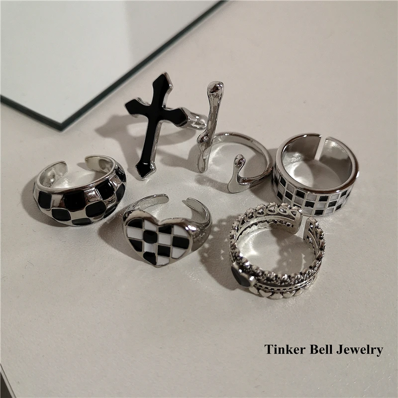 

Kpop New Punk Gothic Black Cross Heart Plaid Metal Opened Adjustable Ring For Women Men Girls Party Grunge Y2k Harajuku Jewelry