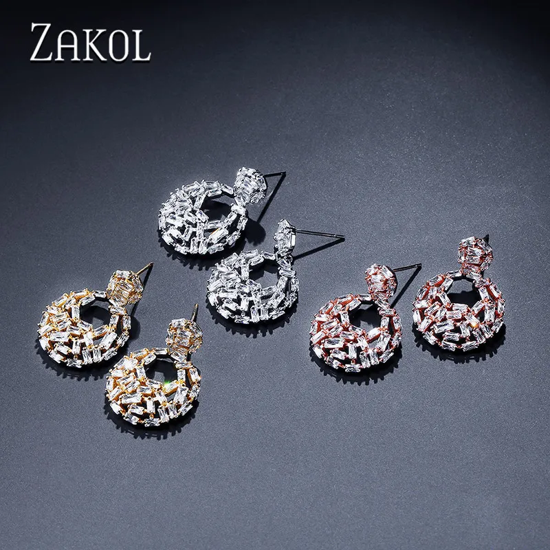 Женские серьги ZAKOL круглые с фианитом для свадебной вечеринки