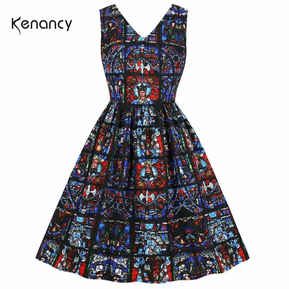 Женское платье с абстрактным принтом Kenancy винтажное без рукавов треугольным