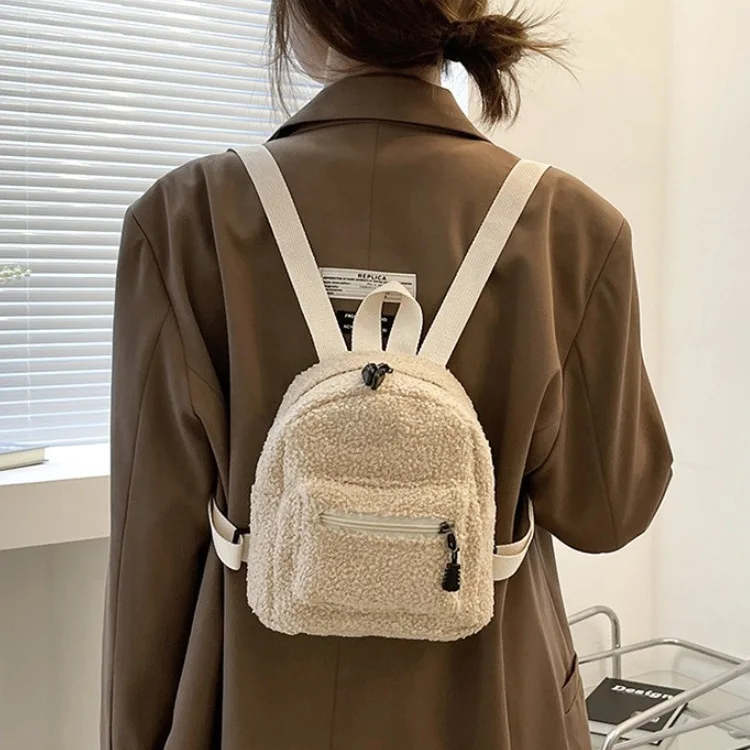 

Корейский Повседневный Однотонный женский мини-рюкзак Ulzzang, плюшевый Кошелек для телефона в стиле Харадзюку, модная сумка через плечо ins, ши...