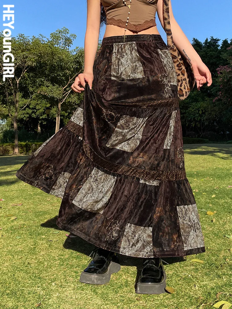 

HEYounGIRL Vintage Women Long Skirt Grunge Velvet Retro Plaid Print Casual Skirt Female Hight Waist Harajuku Aesthetic Clothing