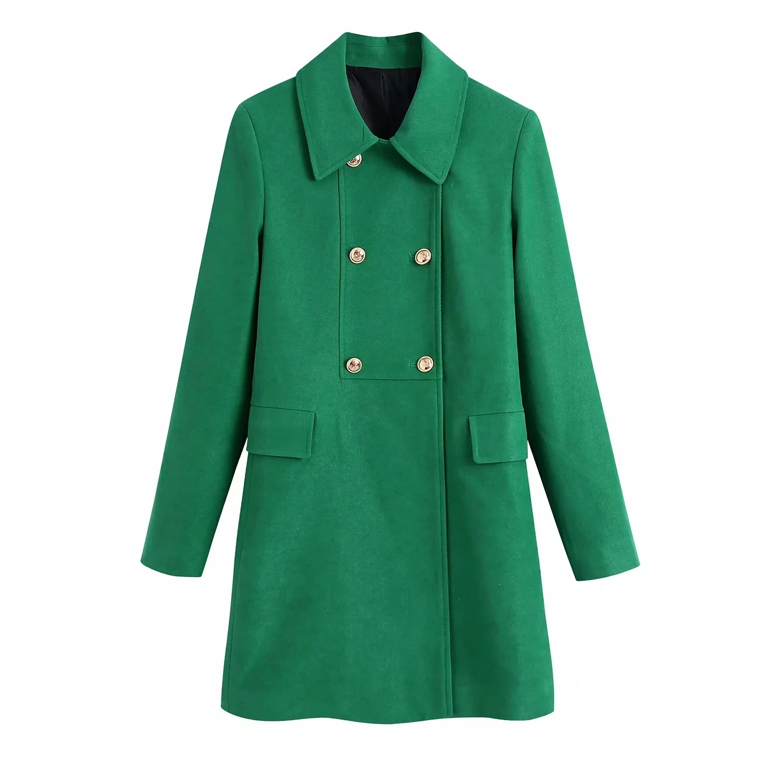 

Женский утепленный тренчкот с отложным воротником, зеленое двубортное длинное пальто, повседневная верхняя одежда, осень-зима 2021