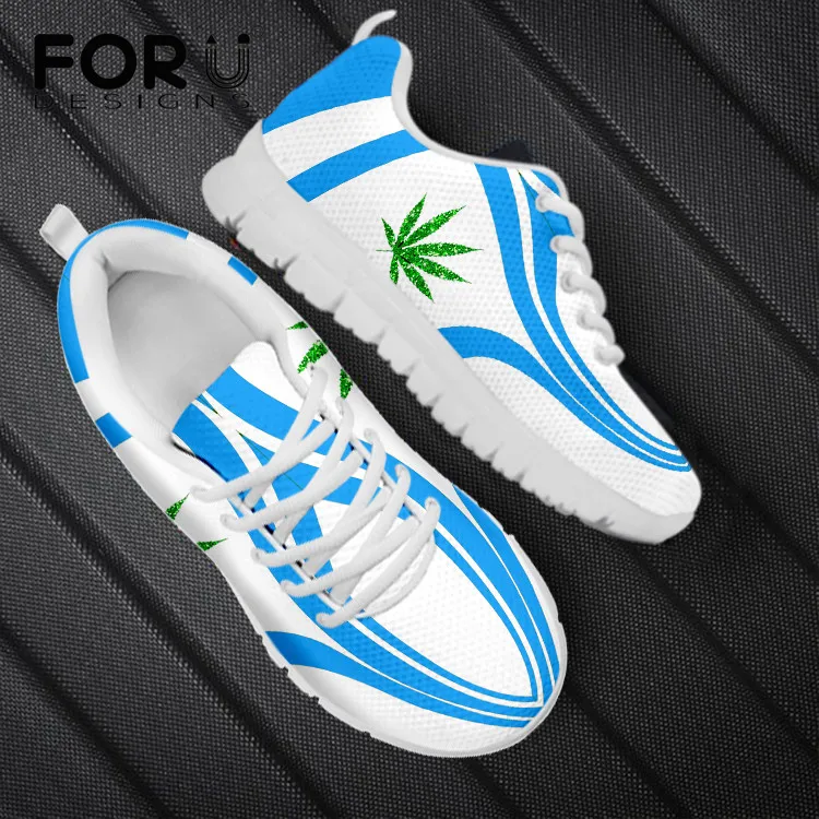 

FORUDESIGNS Brief Style Girl's Sneakers White Blue Fashion Casual Flats Shoes Weed Leaf Design Spring Autumn Footwear обувь