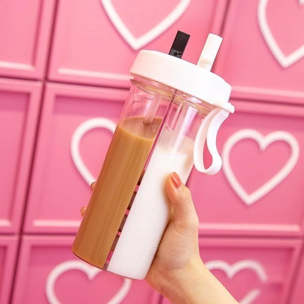 

420/750ML Double Drinking Cup Double Straw Couple Water Mug Dual Purpose Portable Large Kettle Student Outdoor Water Bottle