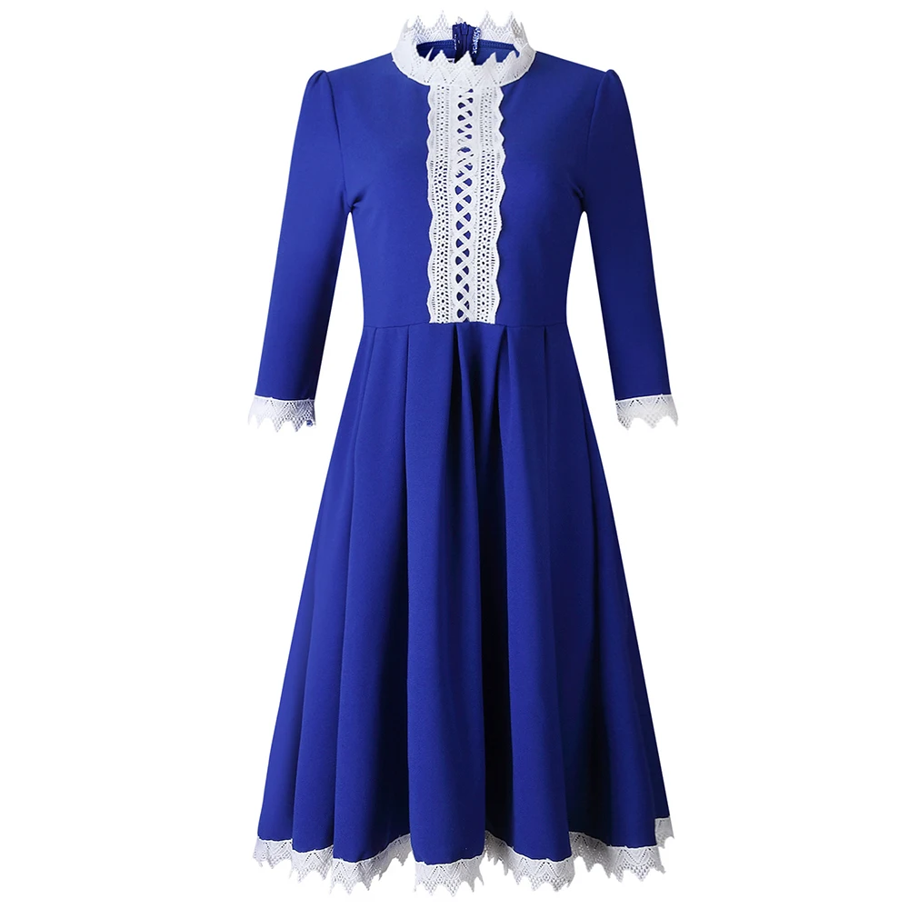 Элегантное платье трапециевидной формы с высоким воротником и рукавами три