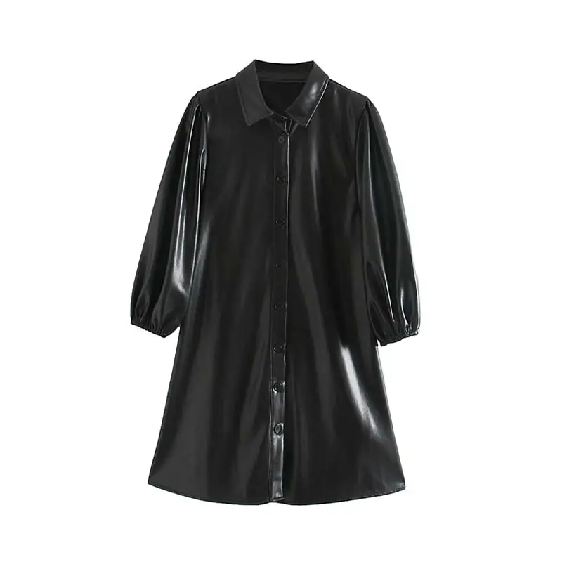 Vadim women elegant solid PU leather mini dress three quarter sleeve turn down collar straight female chic casual dresses QC941 - Цвет: as picture